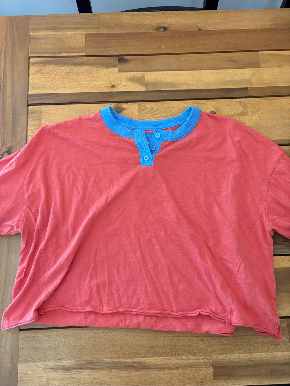 Aerie Coral Short-Sleeve Henley Tee with Blue Trim